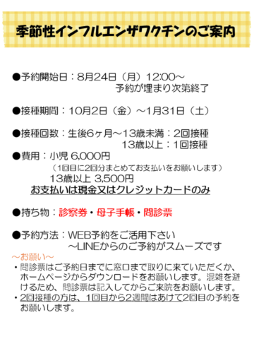 季節性インフルエンザワクチンのご案内